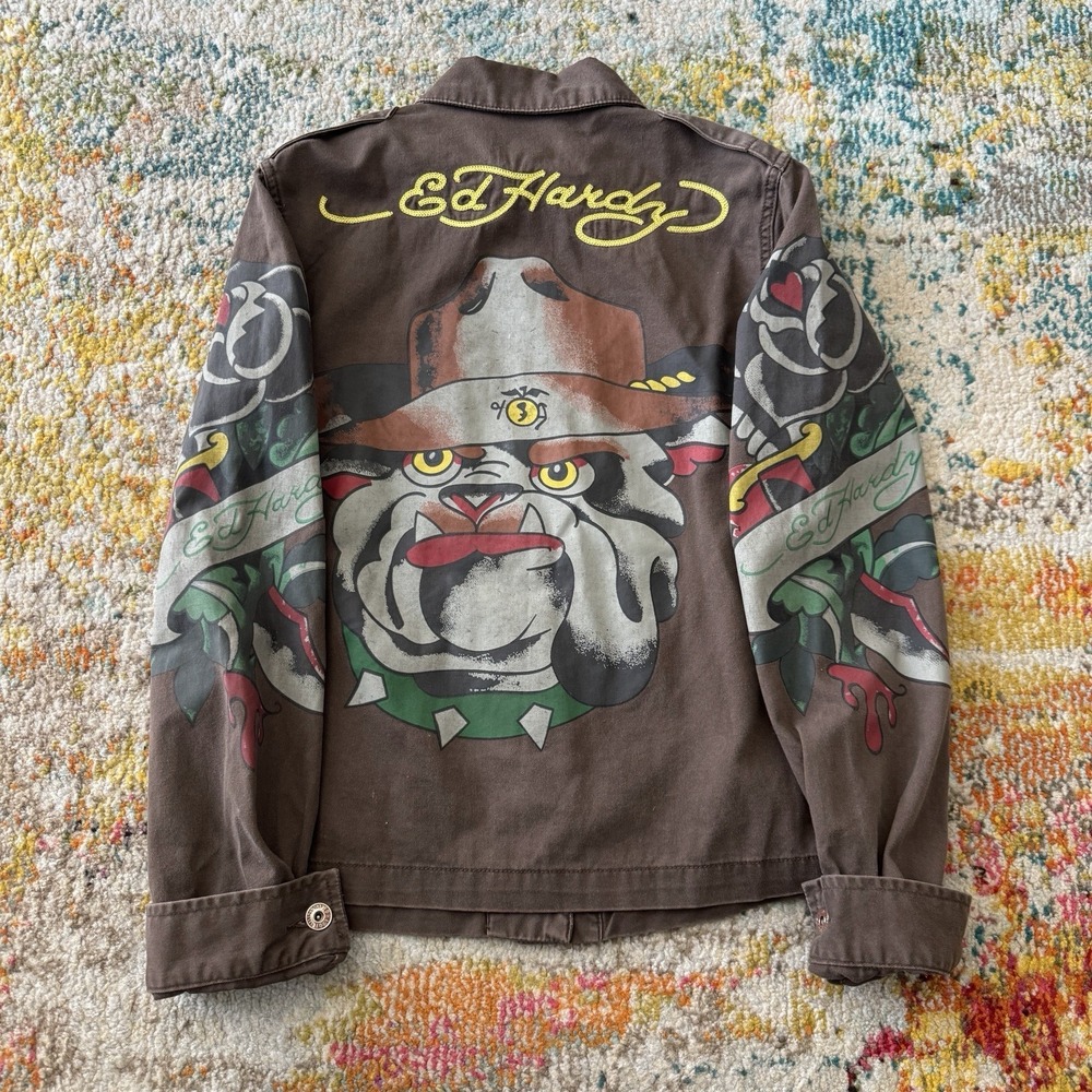 Vintage Y2K 2000s  Ed Hardy Bulldog Graphic Utility Shirt Jacket - Size M